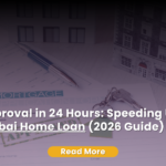 A mortgage application form with a silver pen and house keys resting on it, set against a background of miniature house models and professional branding.