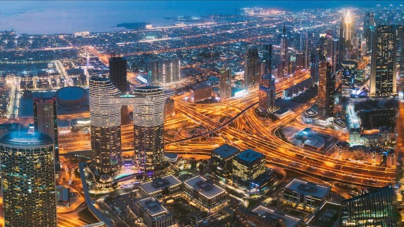 Aerial View Of Evening Night Scenic View Of Skyscraper In Dubai Aerial View Of Evening Night Scenic View Of Skyscraper In Dubai